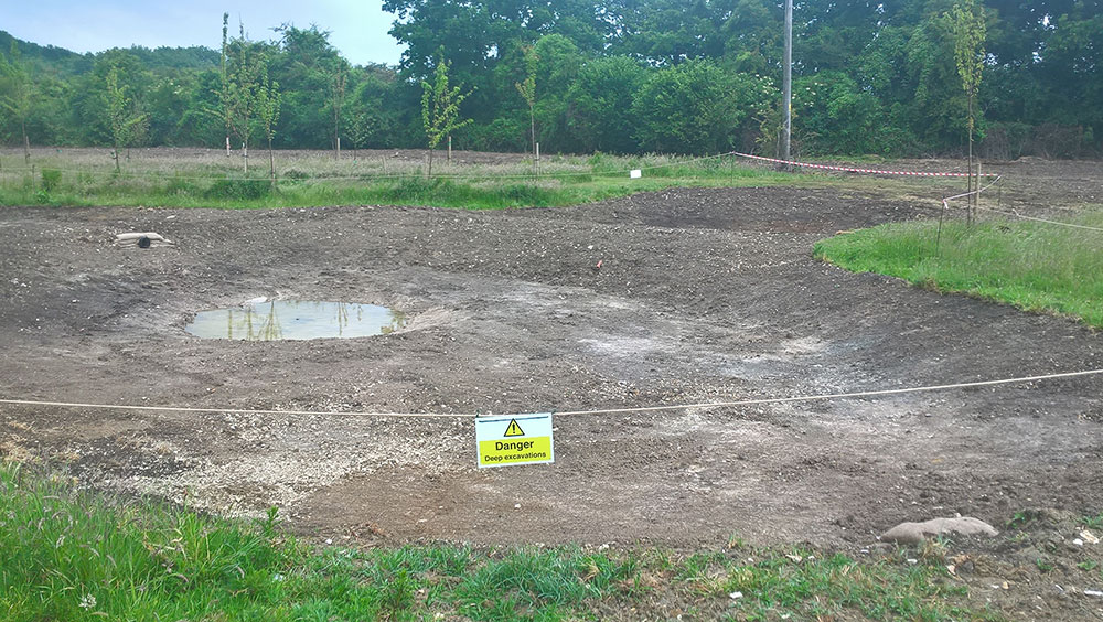 A newly excavated pond and wetland with young trees planted around the bare-earth margin.